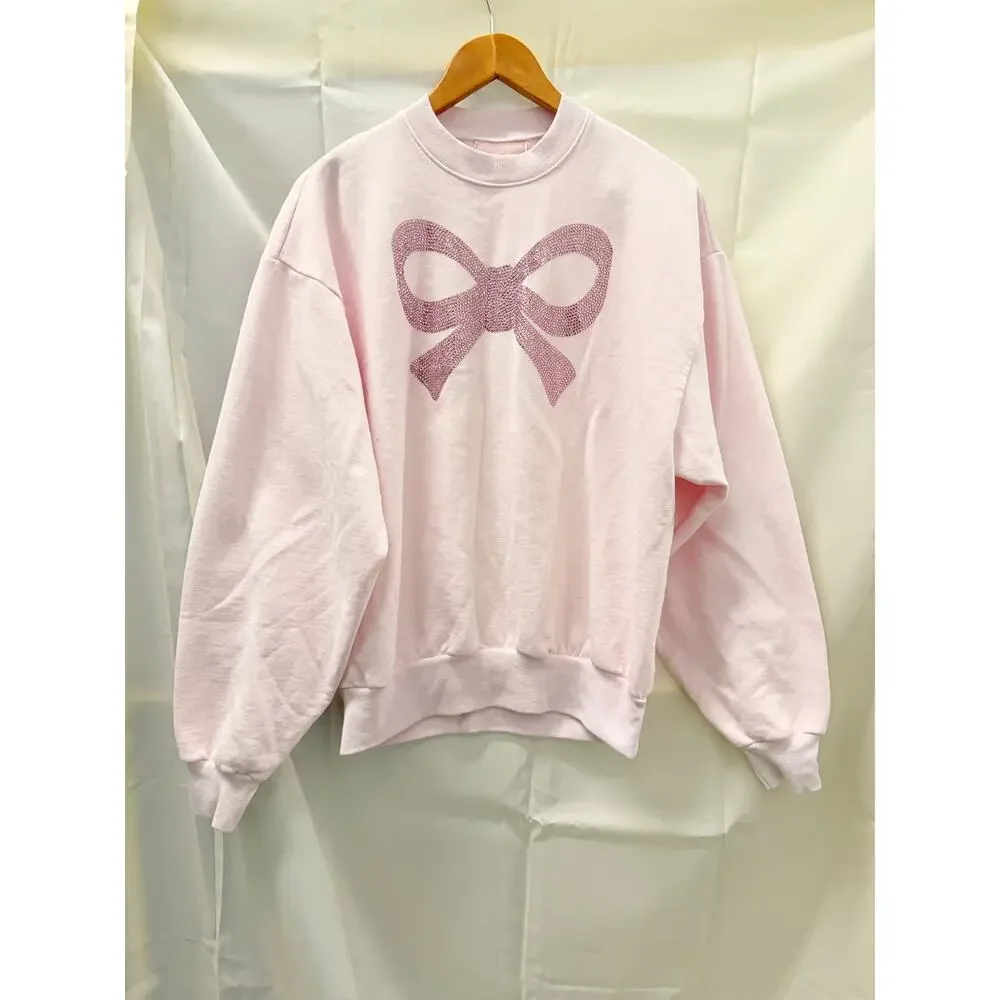 Yvette Mandell LoveShackFancy Pink Rhinestone Bow Oversized‎ Sweatshirt Medium